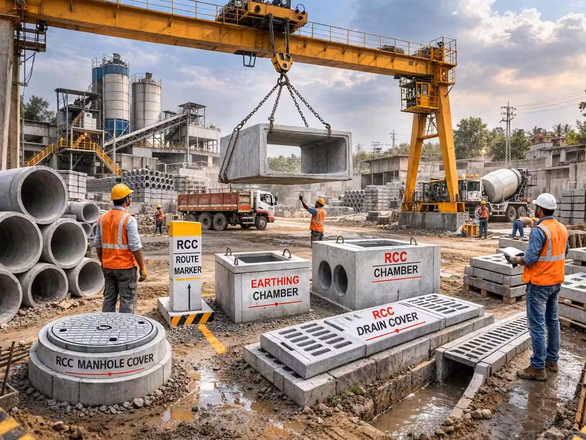 RCC manhole covers, drain covers, route markers and precast chambers at a concrete products yard