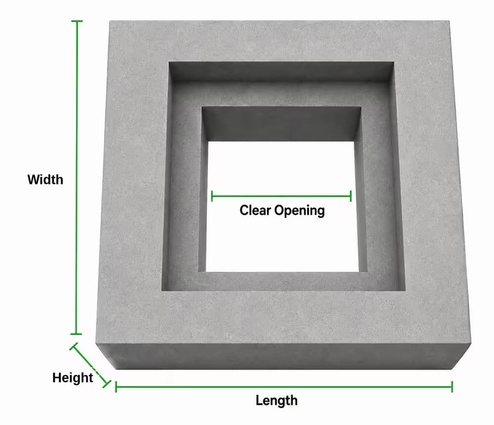 RCC earthing chamber frame diagram showing length width height and clear opening