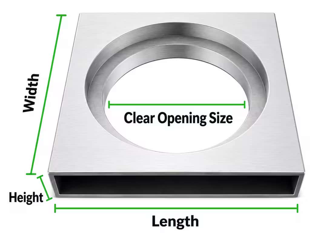 RCC square frame with round cover opening diagram showing length width height and clear opening