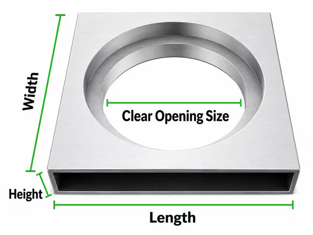 RCC square frame with round cover opening diagram showing length width height and clear opening