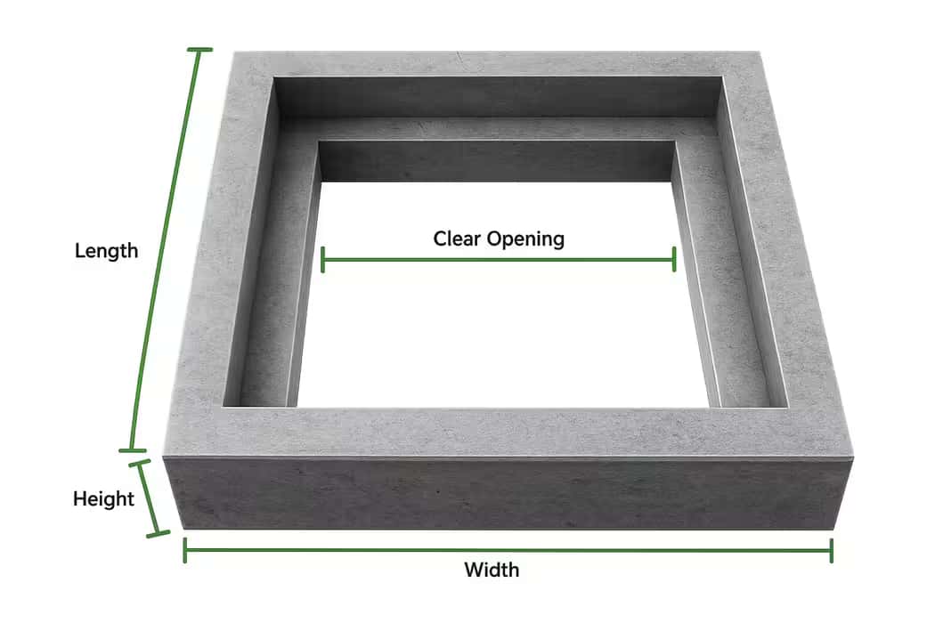 RCC square frame diagram showing length width height and clear opening