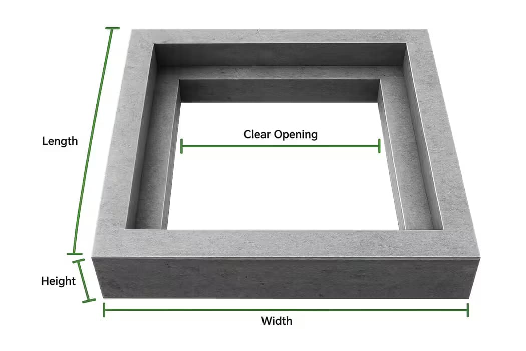 RCC square frame diagram showing length width height and clear opening