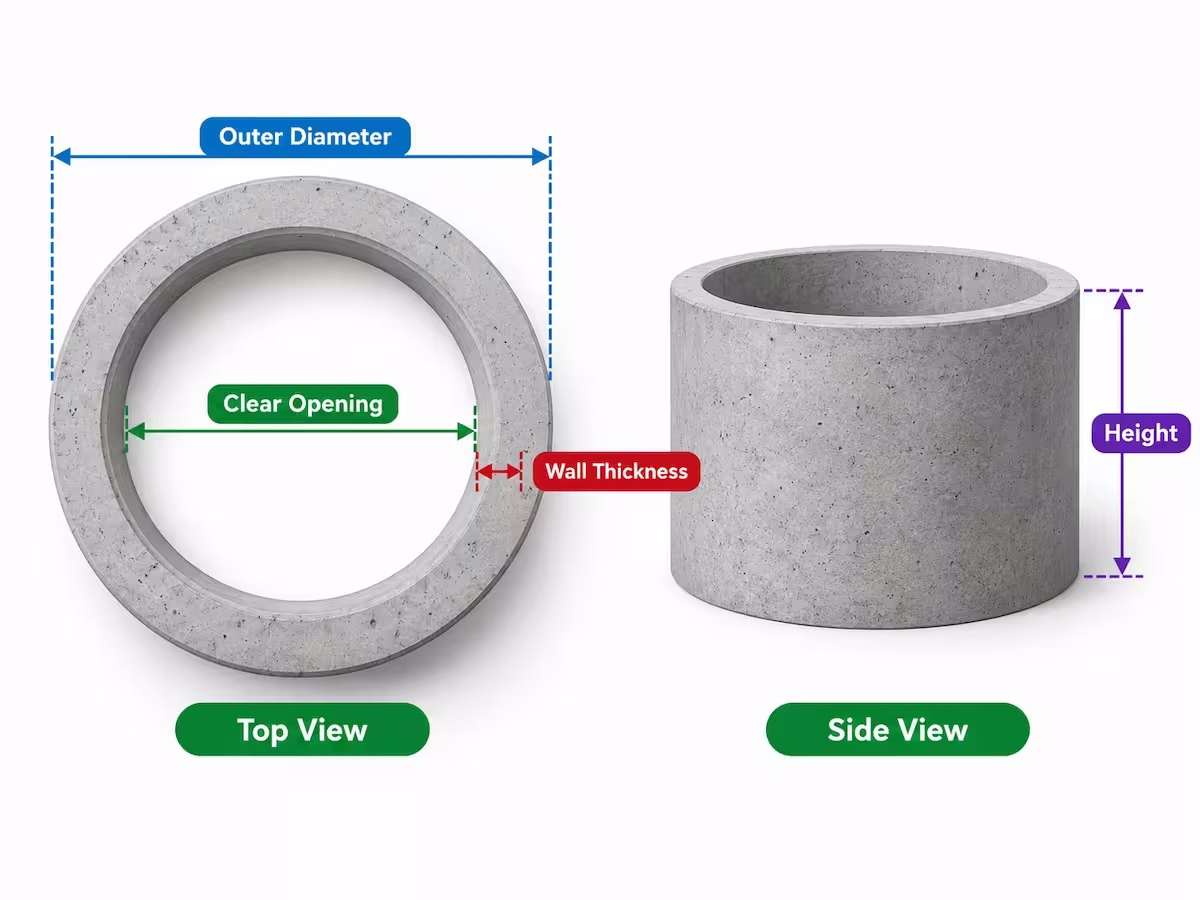 RCC precast OFC chamber diagram showing outer diameter, clear opening, wall thickness on each side and height