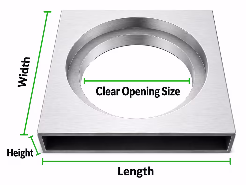 RCC square frame with round cover opening diagram showing length width height and clear opening